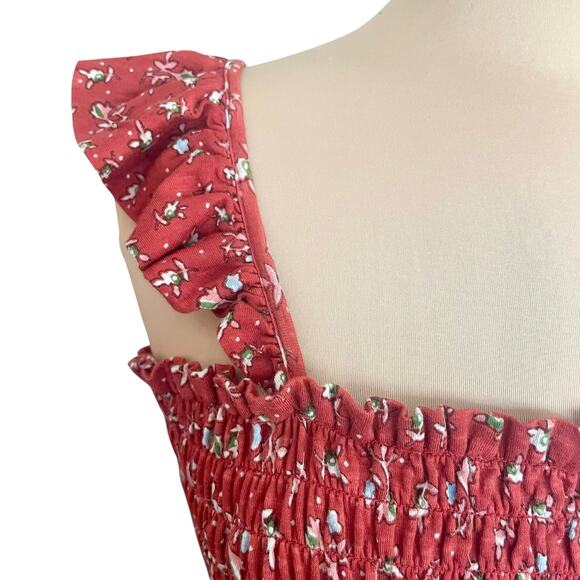 Lucky Brand Red Ditsy Floral Ruffled Crop Smocked Cami Tank LARGE Y2K Coquette - Picture 3 of 9